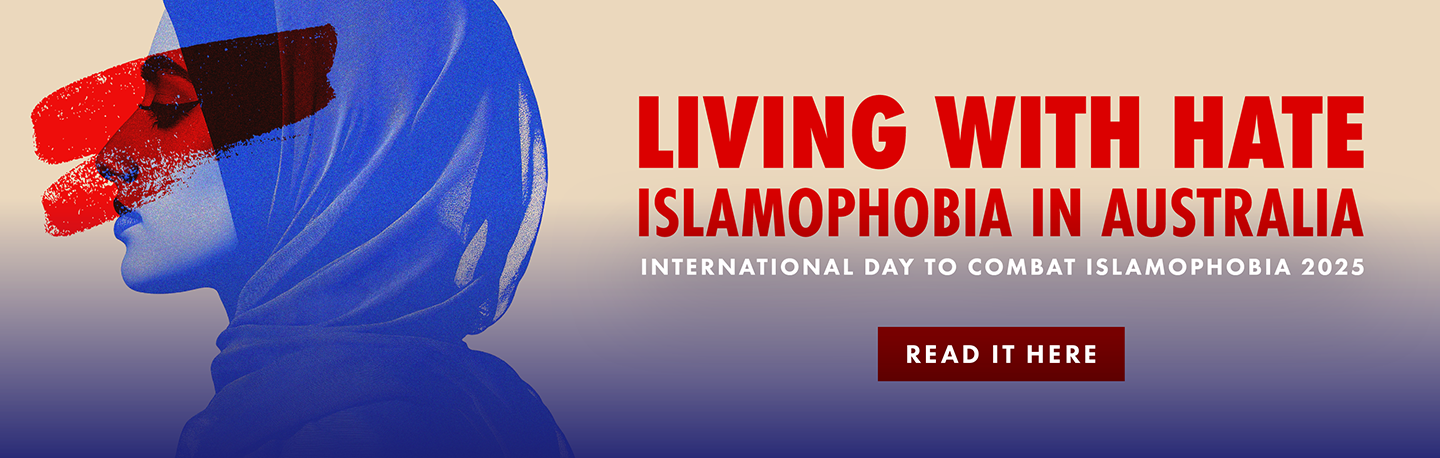 A graphic side profile of a female figure in blue tones, titled in red colour Living with Hate: Islamophobia in Australia, for International Day to Combat Islamophobia 2025.