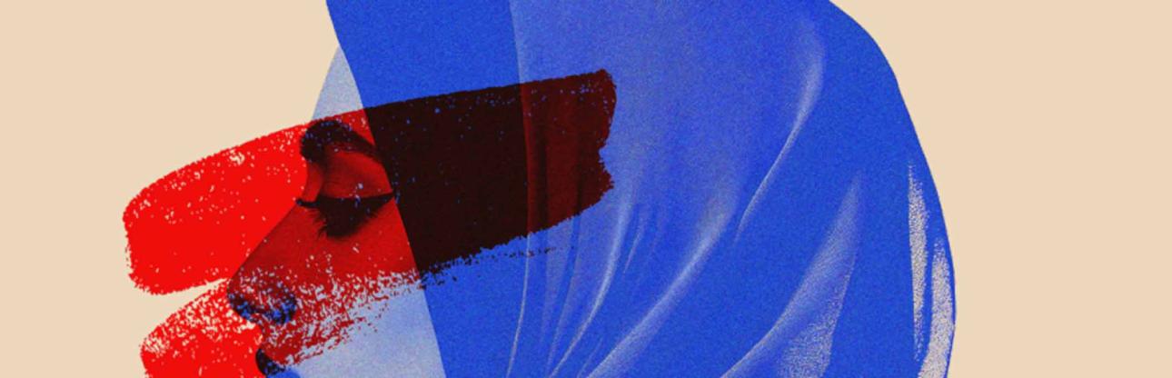 A graphic side profile of a female figure in blue tones, titled in red colour Living with Hate: Islamophobia in Australia, for International Day to Combat Islamophobia 2025